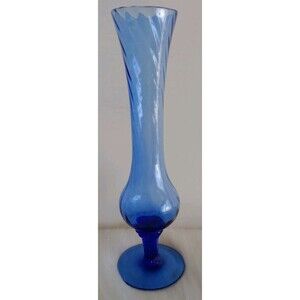 Vintage Cobalt Blue Fluted Glass Vase on Twisted Pedestal Hand Blown Fluted Top